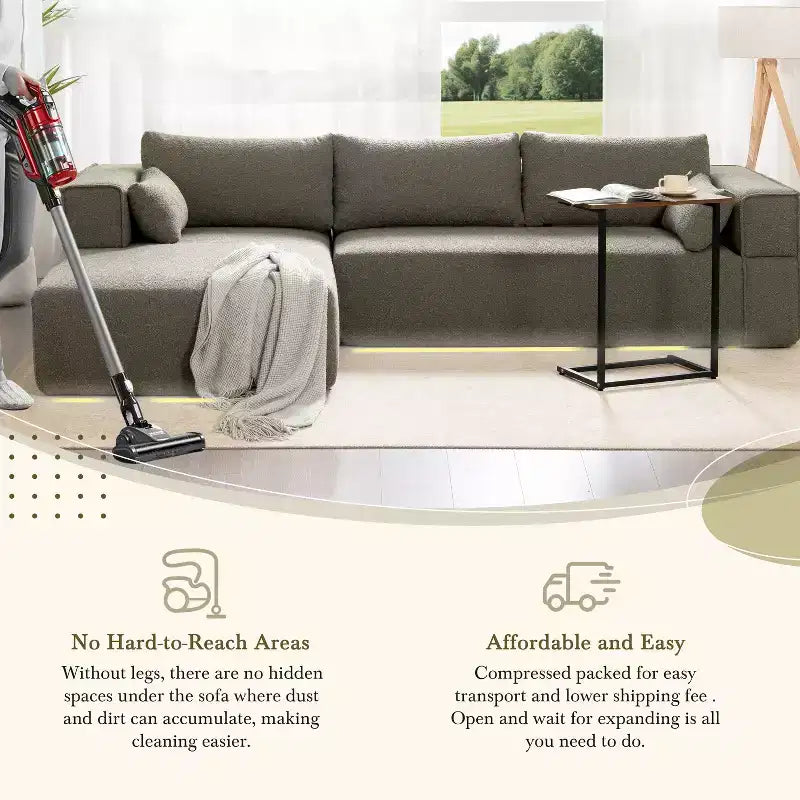 Canapé d'angle modulable 284 cm avec table d'appoint gratuite et tissu bouclette, entièrement compressé, aucun assemblage requis, 4 places en forme de L