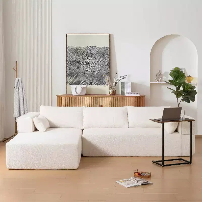 Canapé d'angle modulable 284 cm avec table d'appoint gratuite et tissu bouclette, entièrement compressé, aucun assemblage requis, 4 places en forme de L