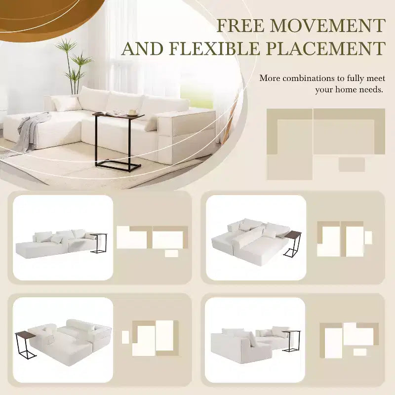 Canapé d'angle modulable 284 cm avec table d'appoint gratuite et tissu bouclette, entièrement compressé, aucun assemblage requis, 4 places en forme de L