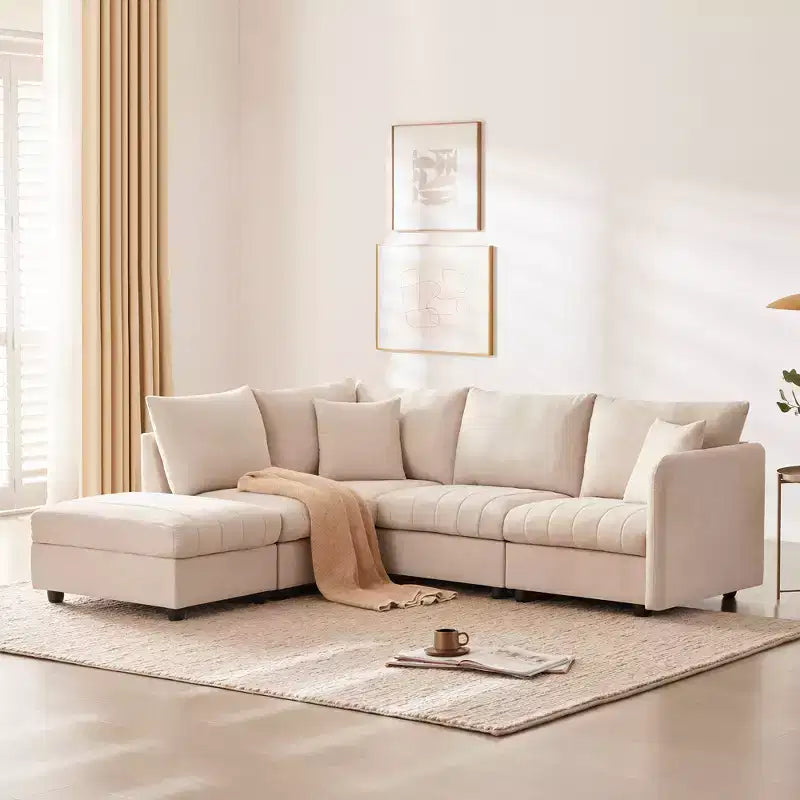 89'' L-Shaped Modular Sectional Sofa with Ottoman, Vertical Stripe Cushions, 5-Seat Comfy Couch for Living Room or Apartment