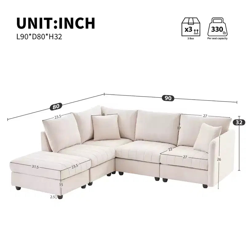 Canapé d'angle modulable en L de 226 cm avec pouf, coussins à rayures verticales, canapé confortable 5 places pour salon ou appartement