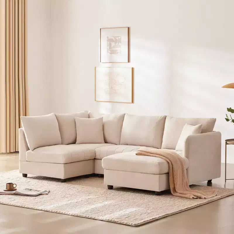 Canapé d'angle modulable en L de 226 cm avec pouf, coussins à rayures verticales, canapé confortable 5 places pour salon ou appartement