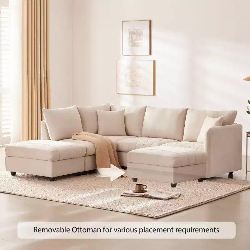Canapé d'angle modulable en L de 226 cm avec pouf, coussins à rayures verticales, canapé confortable 5 places pour salon ou appartement