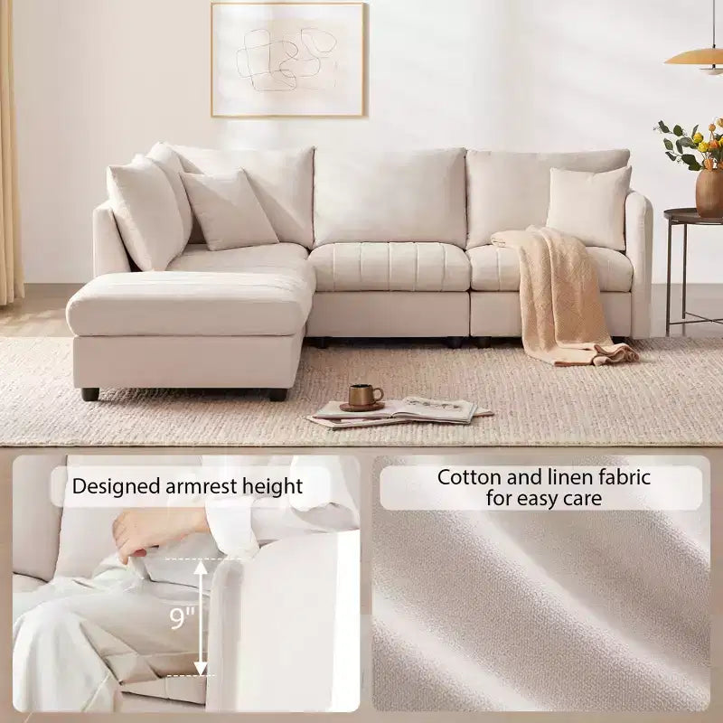 Canapé d'angle modulable en L de 226 cm avec pouf, coussins à rayures verticales, canapé confortable 5 places pour salon ou appartement