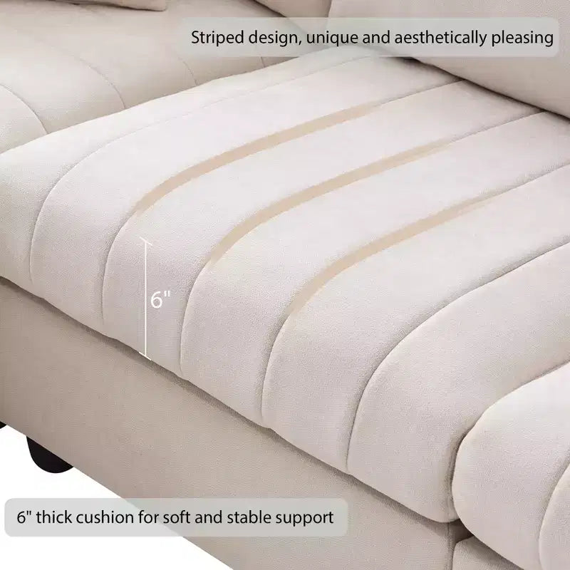 Canapé d'angle modulable en L de 226 cm avec pouf, coussins à rayures verticales, canapé confortable 5 places pour salon ou appartement