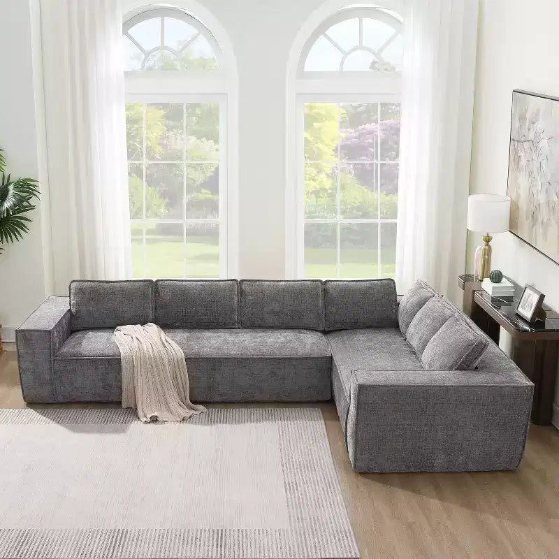 Canapé d'angle modulaire de 329 cm avec tissu chenille infroissable, design sans cadre de compression, canapé sectionnel moderne 6 places pour salon