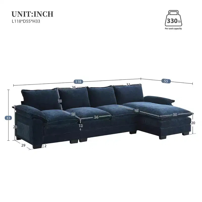 Canapé d'angle modulaire de 329 cm avec tissu chenille infroissable, design sans cadre de compression, canapé sectionnel moderne 6 places pour salon