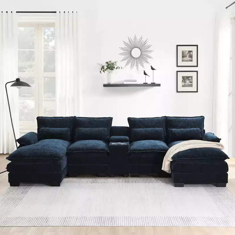 Canapé sectionnel en U de 312 cm avec port USB, porte-gobelets et console, canapé 6 places en chenille avec double coussin pour salon