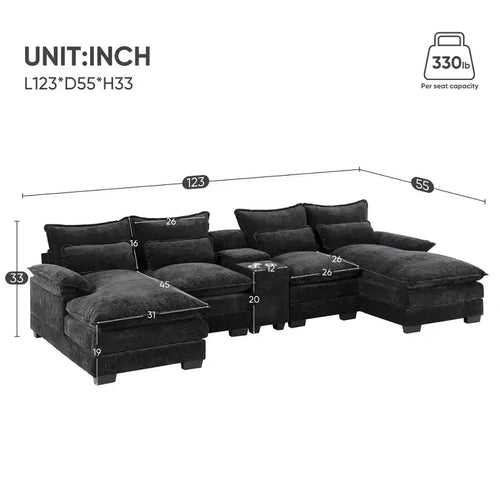 Canapé sectionnel en U de 312 cm avec port USB, porte-gobelets et console, canapé 6 places en chenille avec double coussin pour salon