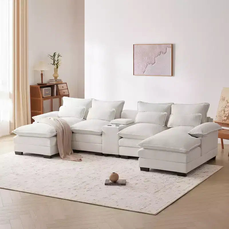 Canapé sectionnel en U de 312 cm avec port USB, porte-gobelets et console, canapé 6 places en chenille avec double coussin pour salon
