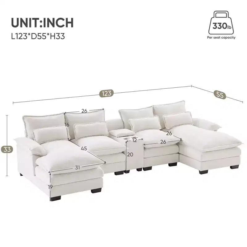 Canapé sectionnel en U de 312 cm avec port USB, porte-gobelets et console, canapé 6 places en chenille avec double coussin pour salon