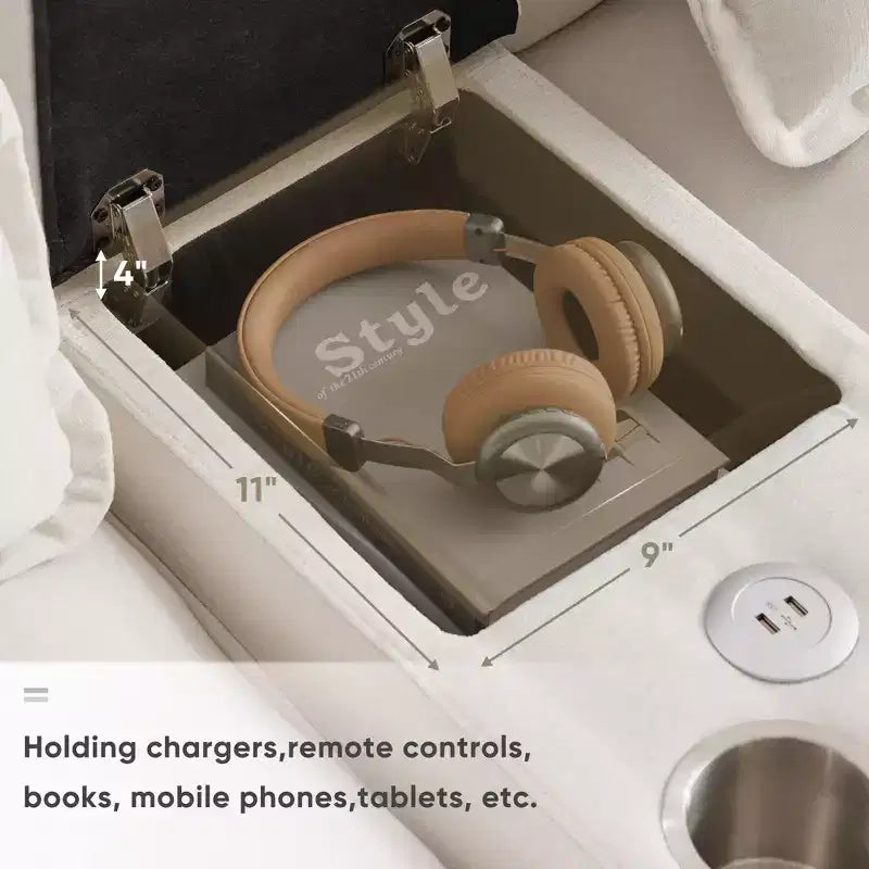 Canapé sectionnel en U de 312 cm avec port USB, porte-gobelets et console, canapé 6 places en chenille avec double coussin pour salon