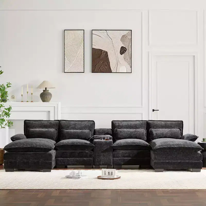 Canapé sectionnel en U de 312 cm avec port USB, porte-gobelets et console, canapé 6 places en chenille avec double coussin pour salon