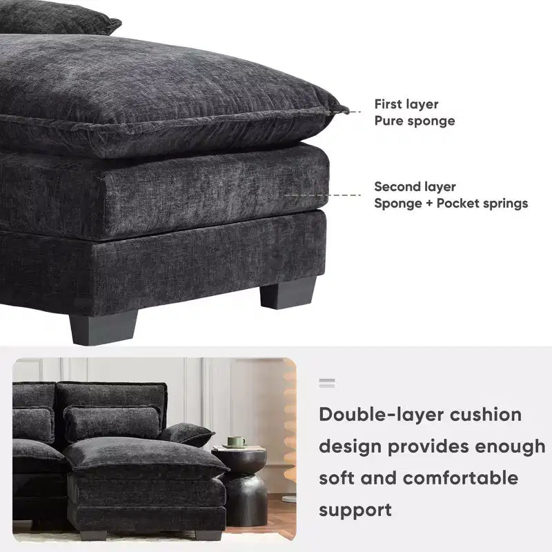 Canapé sectionnel en U de 312 cm avec port USB, porte-gobelets et console, canapé 6 places en chenille avec double coussin pour salon