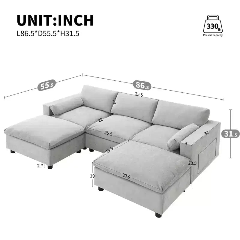 Canapé modulable en chenille de 86,5 pouces avec poches de rangement, poufs et oreillers, canapé nuage en forme de U de 5 places pour salon