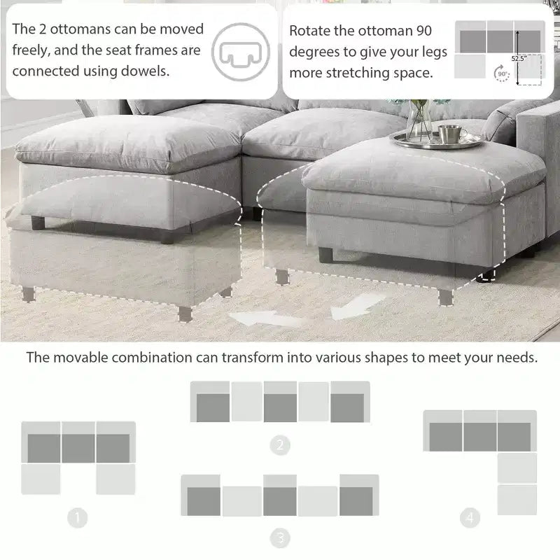 Canapé modulable en chenille de 86,5 pouces avec poches de rangement, poufs et oreillers, canapé nuage en forme de U de 5 places pour salon