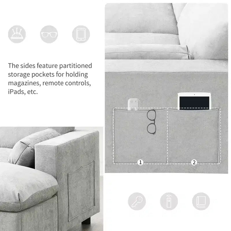Canapé modulable en chenille de 86,5 pouces avec poches de rangement, poufs et oreillers, canapé nuage en forme de U de 5 places pour salon