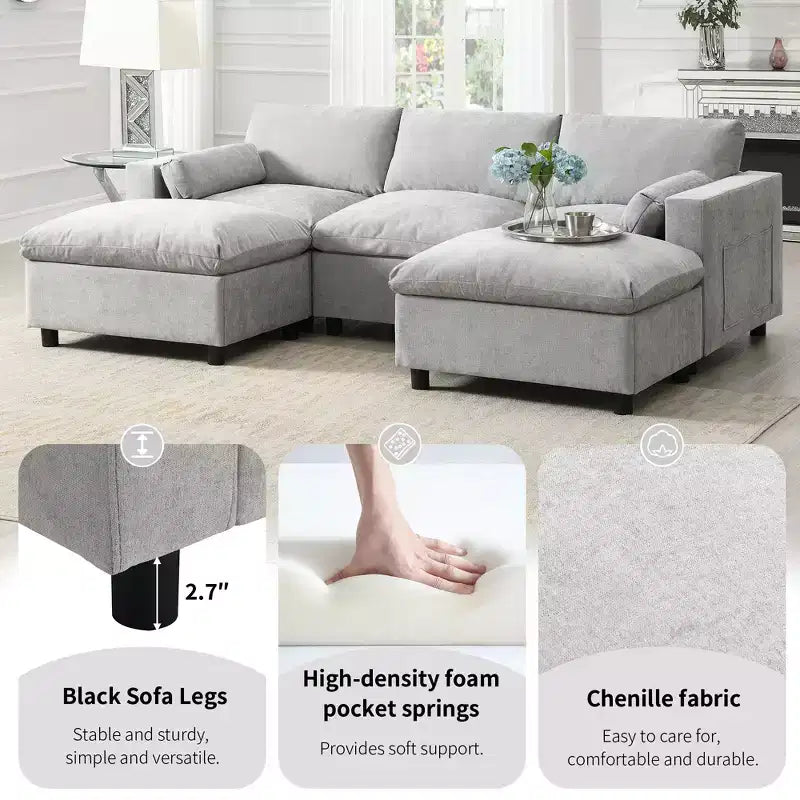 Canapé modulable en chenille de 86,5 pouces avec poches de rangement, poufs et oreillers, canapé nuage en forme de U de 5 places pour salon