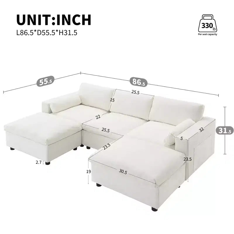 Canapé modulable en chenille de 86,5 pouces avec poches de rangement, poufs et oreillers, canapé nuage en forme de U de 5 places pour salon