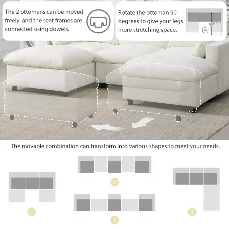 Canapé modulable en chenille de 86,5 pouces avec poches de rangement, poufs et oreillers, canapé nuage en forme de U de 5 places pour salon
