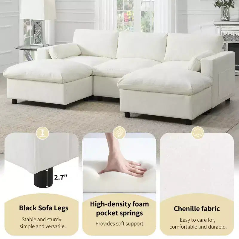 Canapé modulable en chenille de 86,5 pouces avec poches de rangement, poufs et oreillers, canapé nuage en forme de U de 5 places pour salon