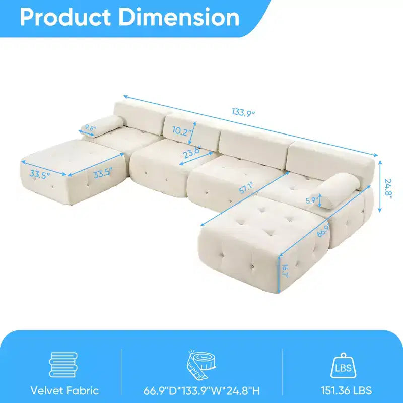 Mjkone Canapé sectionnel modulaire en velours en forme de U avec ottomane combinable gratuitement, canapé convertible 4 places avec garniture à rivets