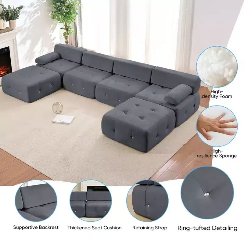 Mjkone Canapé sectionnel modulaire en velours en forme de U avec ottomane combinable gratuitement, canapé convertible 4 places avec garniture à rivets