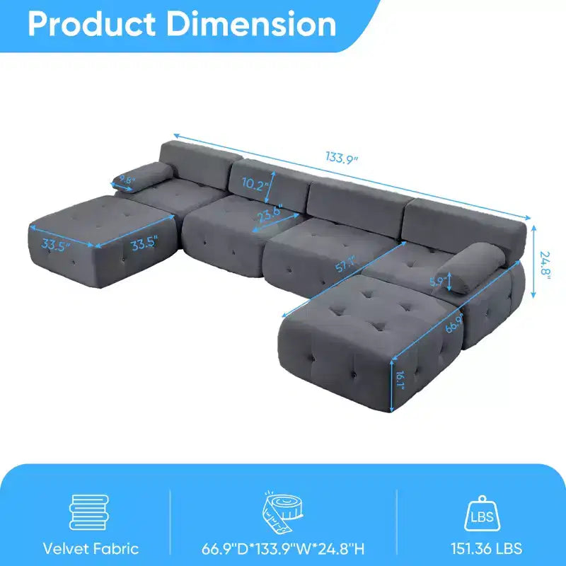 Mjkone Canapé sectionnel modulaire en velours en forme de U avec ottomane combinable gratuitement, canapé convertible 4 places avec garniture à rivets