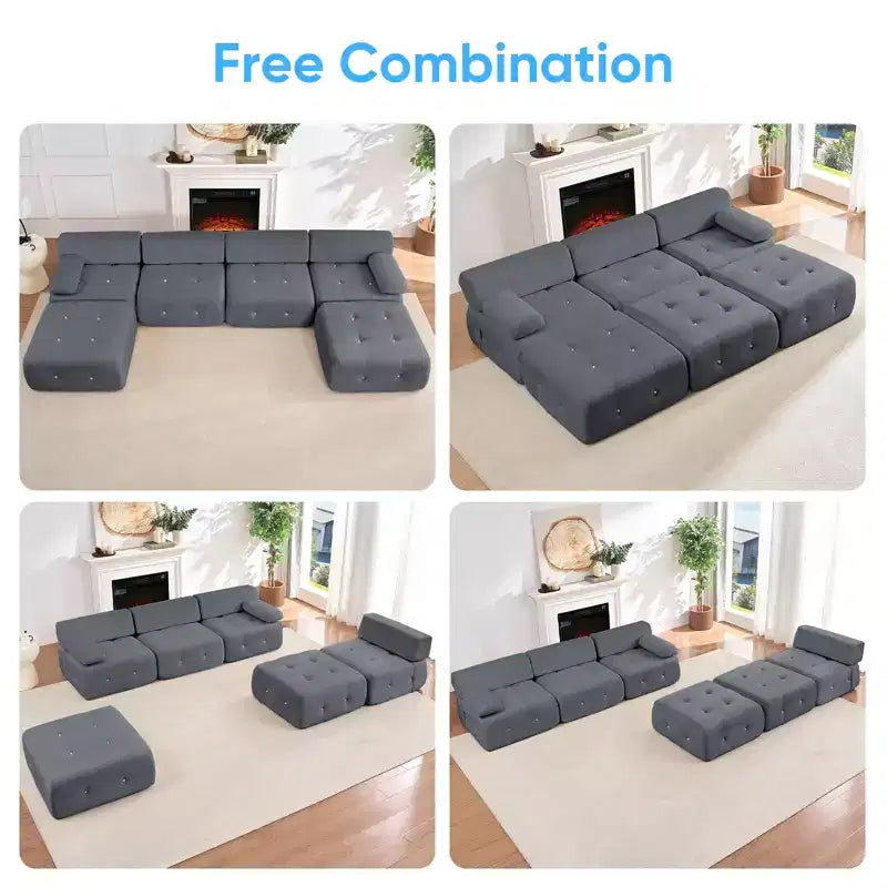 Mjkone Canapé sectionnel modulaire en velours en forme de U avec ottomane combinable gratuitement, canapé convertible 4 places avec garniture à rivets