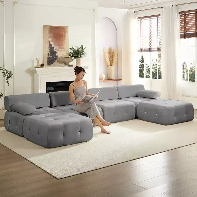 Mjkone Canapé sectionnel modulaire en velours en forme de U avec ottomane combinable gratuitement, canapé convertible 4 places avec garniture à rivets