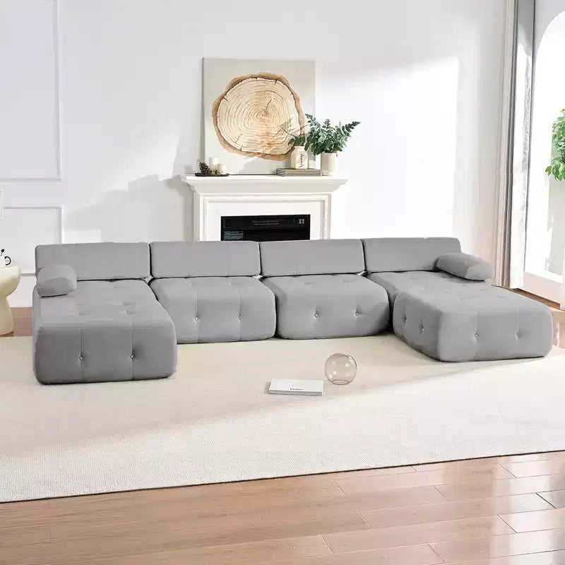 Mjkone Canapé sectionnel modulaire en velours en forme de U avec ottomane combinable gratuitement, canapé convertible 4 places avec garniture à rivets