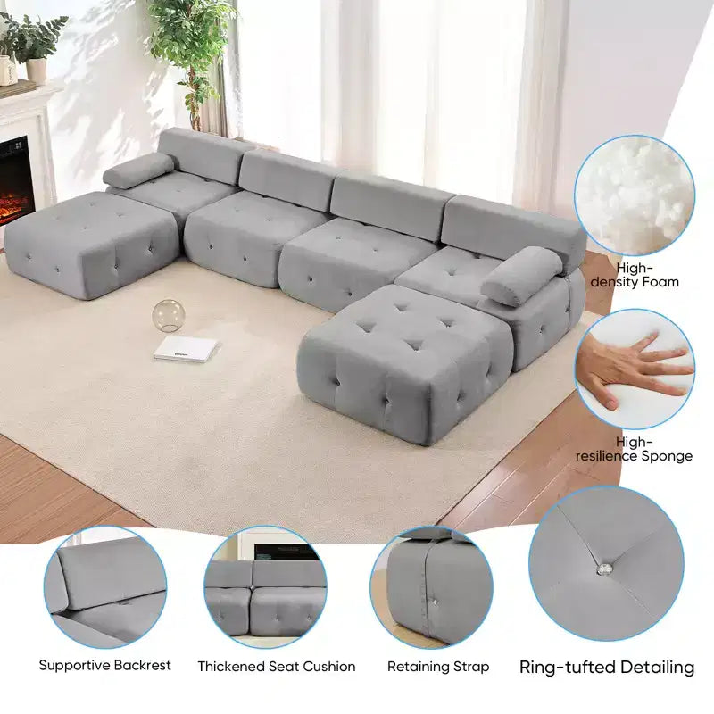 Mjkone Canapé sectionnel modulaire en velours en forme de U avec ottomane combinable gratuitement, canapé convertible 4 places avec garniture à rivets