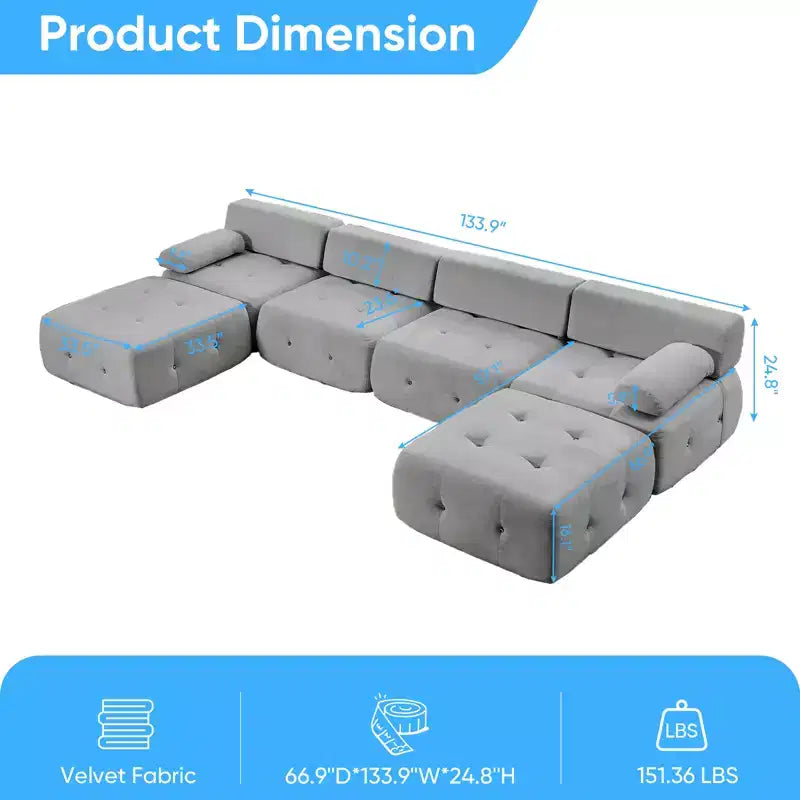 Mjkone Canapé sectionnel modulaire en velours en forme de U avec ottomane combinable gratuitement, canapé convertible 4 places avec garniture à rivets