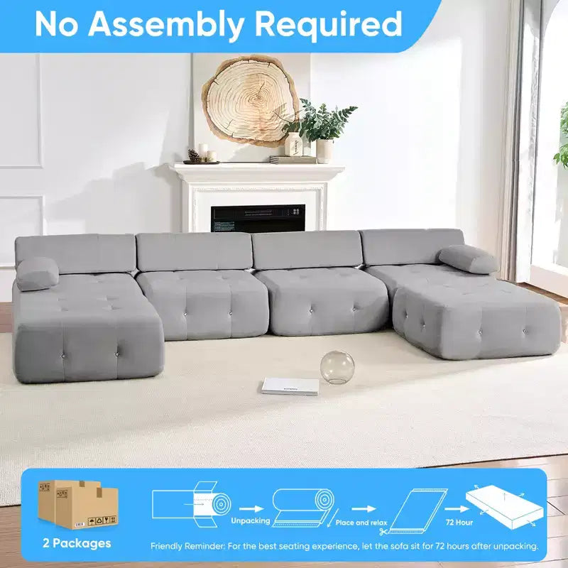 Mjkone Canapé sectionnel modulaire en velours en forme de U avec ottomane combinable gratuitement, canapé convertible 4 places avec garniture à rivets