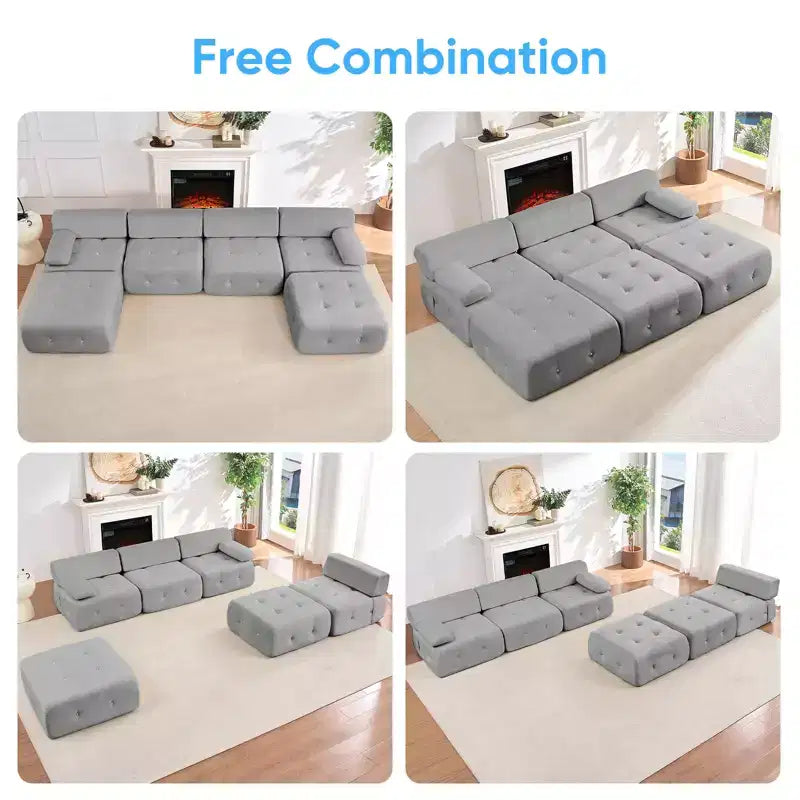 Mjkone Canapé sectionnel modulaire en velours en forme de U avec ottomane combinable gratuitement, canapé convertible 4 places avec garniture à rivets