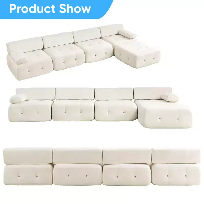 Mjkone Canapé d'angle en velours, canapé modulaire 4 places avec pouf, canapé convertible avec bordure cloutée
