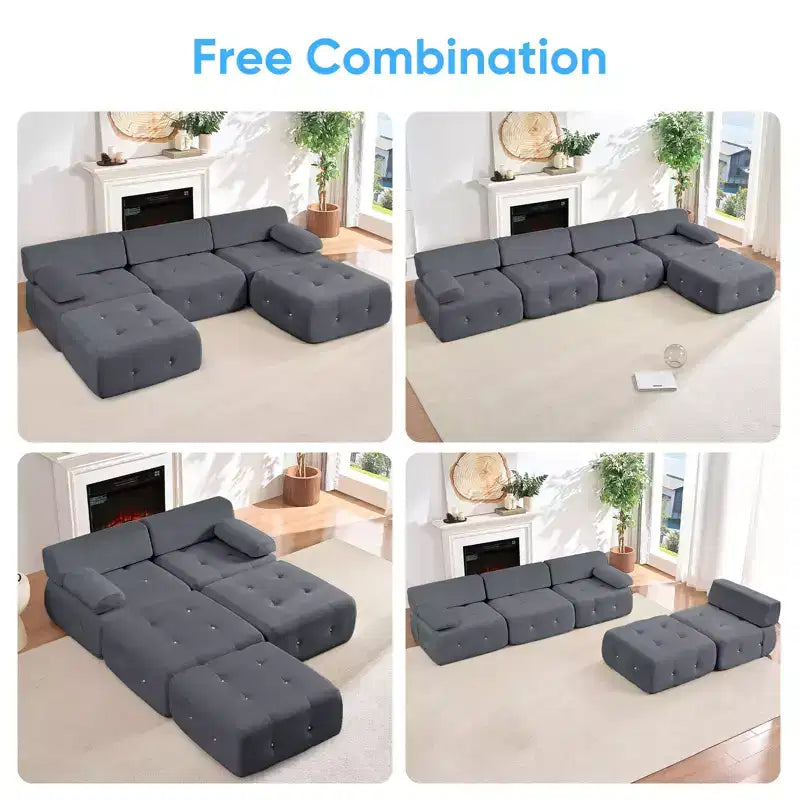 Mjkone Canapé d'angle en velours, canapé modulaire 4 places avec pouf, canapé convertible avec bordure cloutée