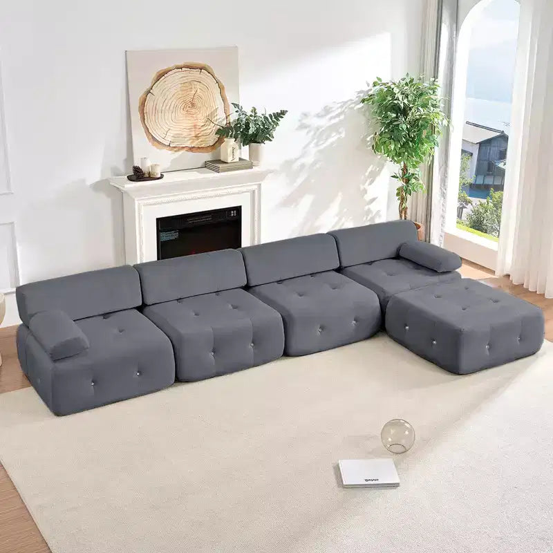 Mjkone Canapé d'angle en velours, canapé modulaire 4 places avec pouf, canapé convertible avec bordure cloutée