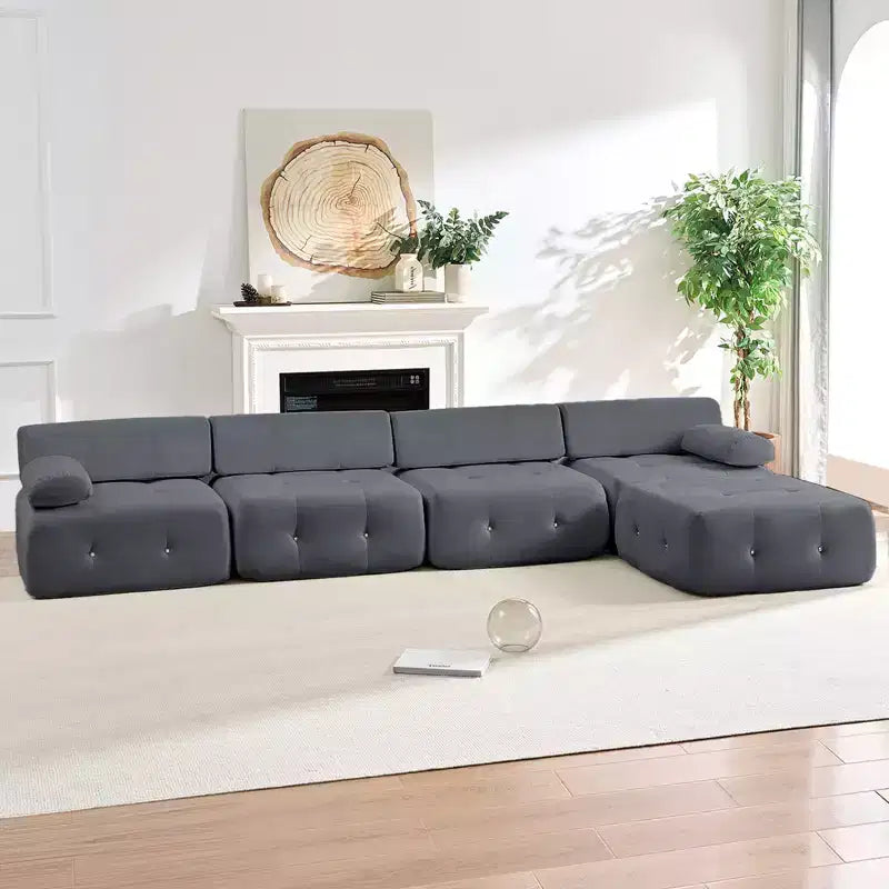 Mjkone Canapé d'angle en velours, canapé modulaire 4 places avec pouf, canapé convertible avec bordure cloutée