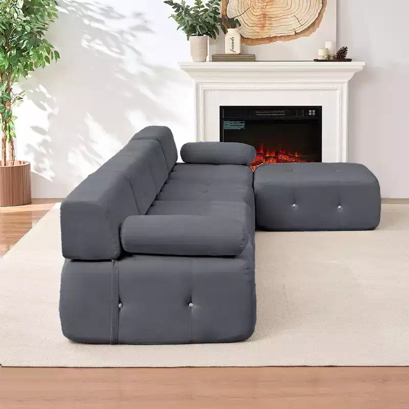 Mjkone Canapé d'angle en velours, canapé modulaire 4 places avec pouf, canapé convertible avec bordure cloutée
