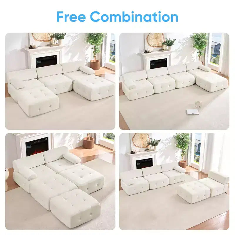 Mjkone Canapé d'angle en velours, canapé modulaire 4 places avec pouf, canapé convertible avec bordure cloutée