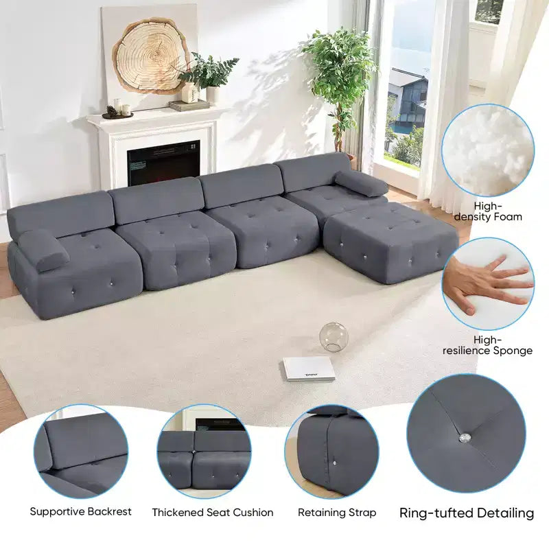 Mjkone Canapé d'angle en velours, canapé modulaire 4 places avec pouf, canapé convertible avec bordure cloutée