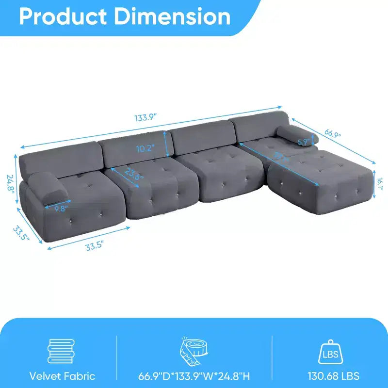Mjkone Canapé d'angle en velours, canapé modulaire 4 places avec pouf, canapé convertible avec bordure cloutée