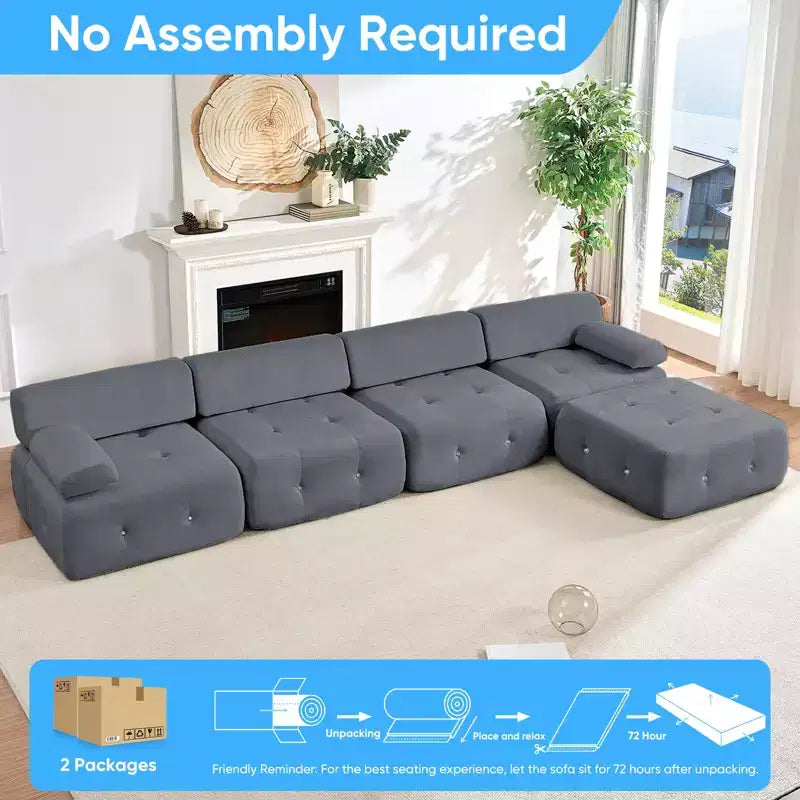 Mjkone Canapé d'angle en velours, canapé modulaire 4 places avec pouf, canapé convertible avec bordure cloutée