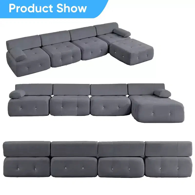 Mjkone Canapé d'angle en velours, canapé modulaire 4 places avec pouf, canapé convertible avec bordure cloutée