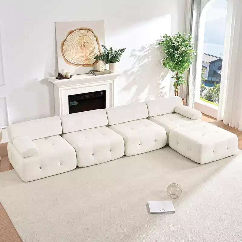 Mjkone Canapé d'angle en velours, canapé modulaire 4 places avec pouf, canapé convertible avec bordure cloutée