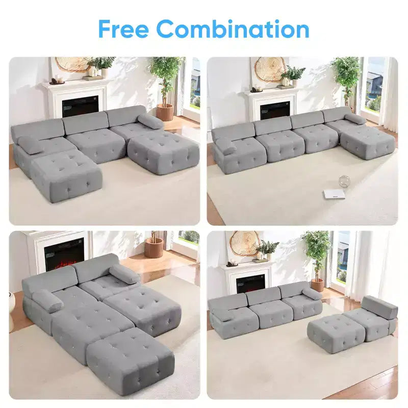 Mjkone Canapé d'angle en velours, canapé modulaire 4 places avec pouf, canapé convertible avec bordure cloutée