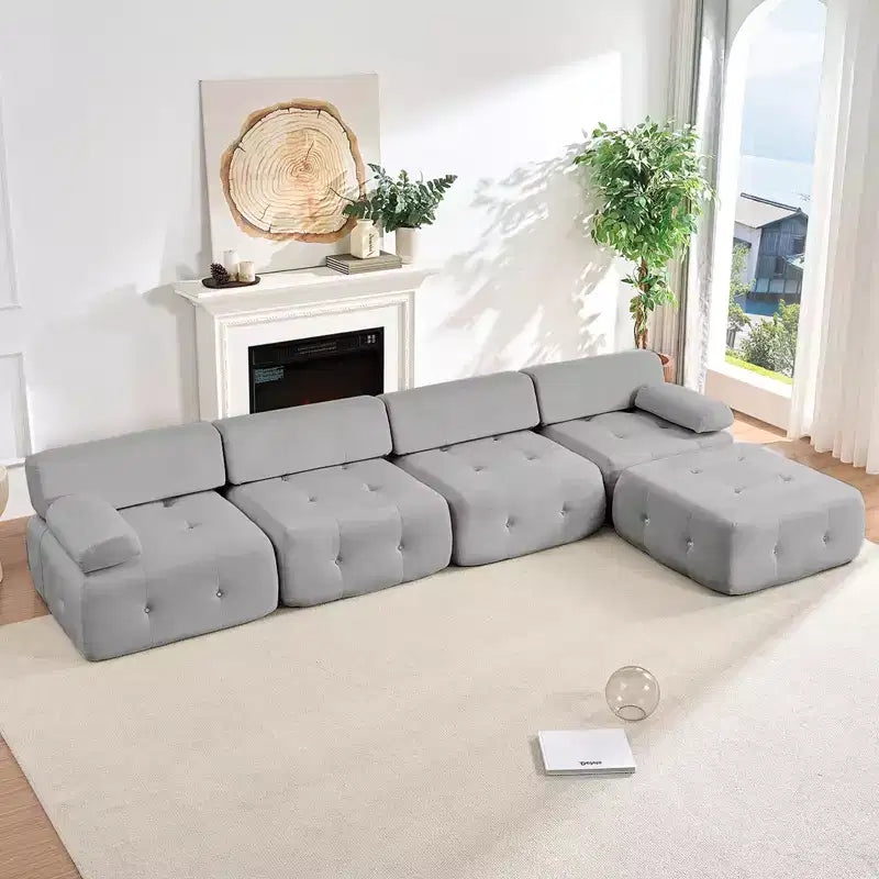 Mjkone Canapé d'angle en velours, canapé modulaire 4 places avec pouf, canapé convertible avec bordure cloutée