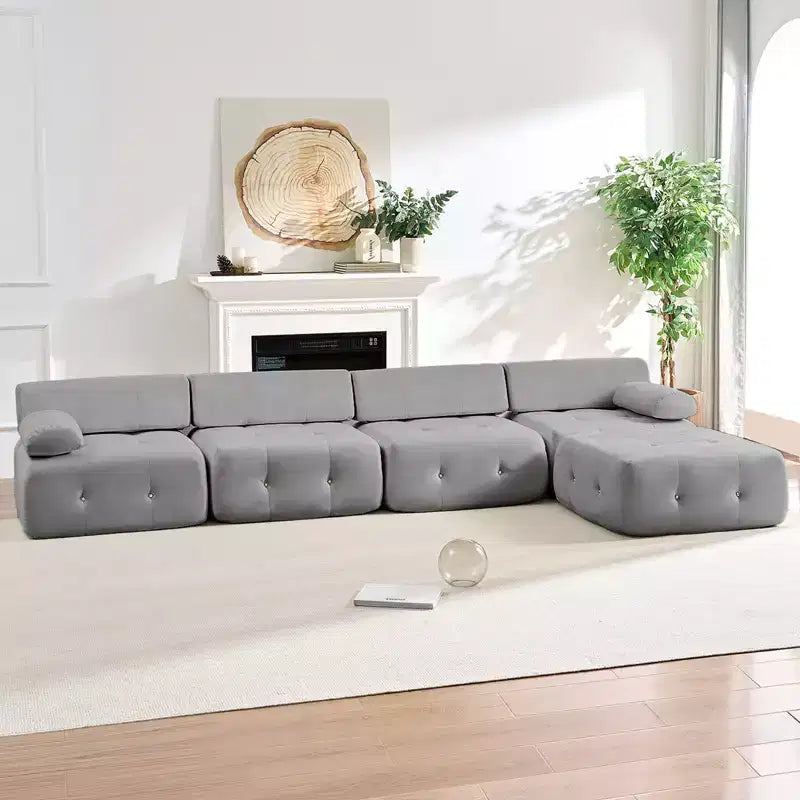 Mjkone Canapé d'angle en velours, canapé modulaire 4 places avec pouf, canapé convertible avec bordure cloutée