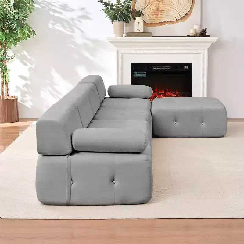 Mjkone Canapé d'angle en velours, canapé modulaire 4 places avec pouf, canapé convertible avec bordure cloutée